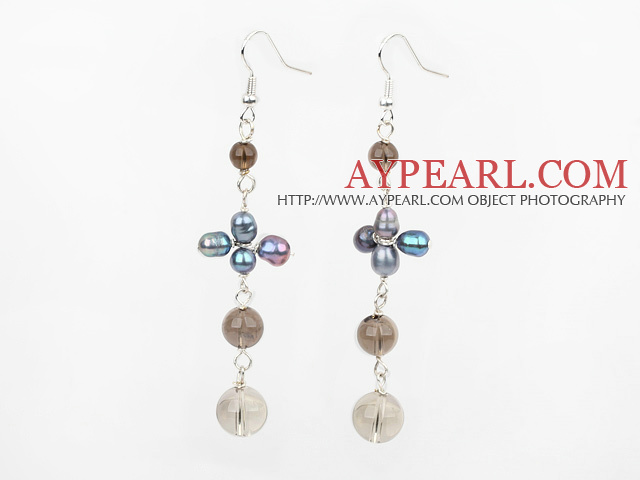 Style de Dangle perles d'eau douce noire et quartz fumé Boucles d'oreilles longues