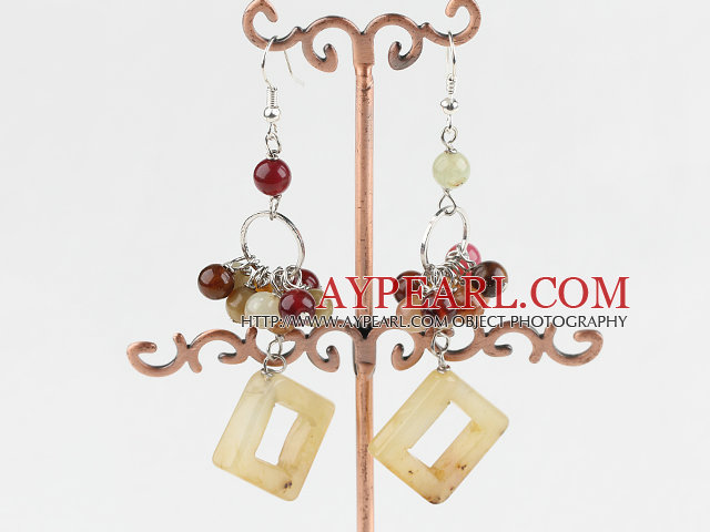 Long Hot Loop Three Color Jade Cluster Dangle Earrings With Fish Hook