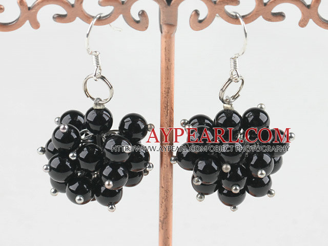 Fashion Cluster Style 6Mm Round Black Agate Dangle Earrings With Fish Hook