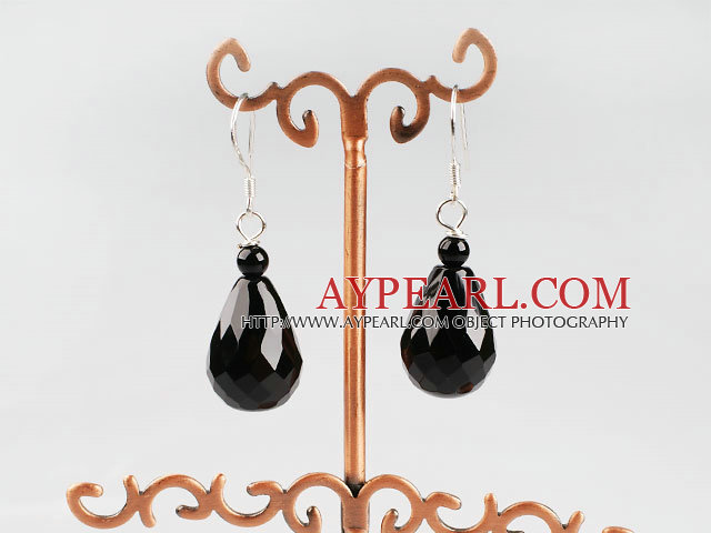 Fashion 12*18Mm Drop Shape Faceted Black Agate Drop Earrings With Fish Hook