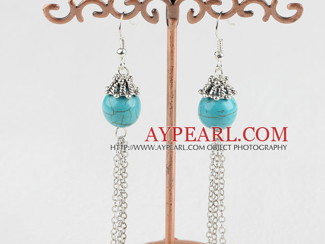 cute 12mm turquoise ball earrings with dangling chains 