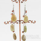 Fashion Long Chain Style Brown Pearl And Three Color Jade Dangle Earrings