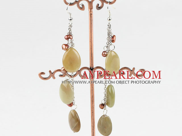 Fashion Long Chain Style Brown Pearl And Three Color Jade Dangle Earrings