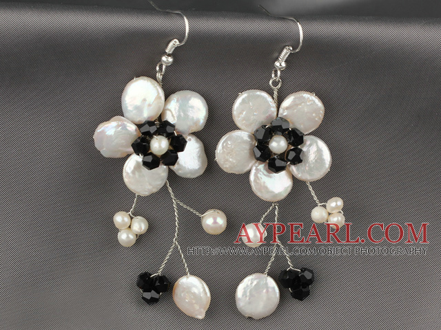 White Coin Pearl and White Freshwater Pearl and Black Crystal Flower Earrings