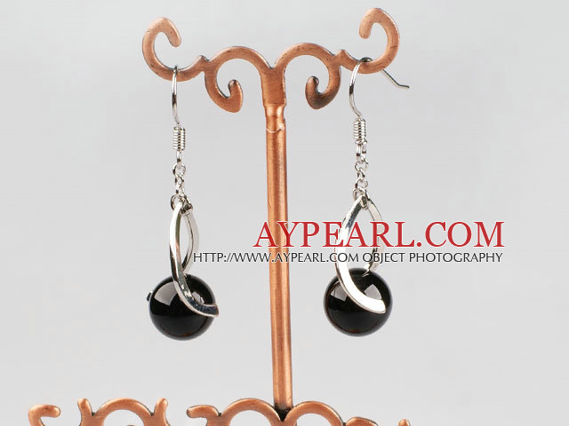 Fashion 10Mm Round Black Agate Ball And Twisted Loop Charm Drop Earrings With Fish Hook