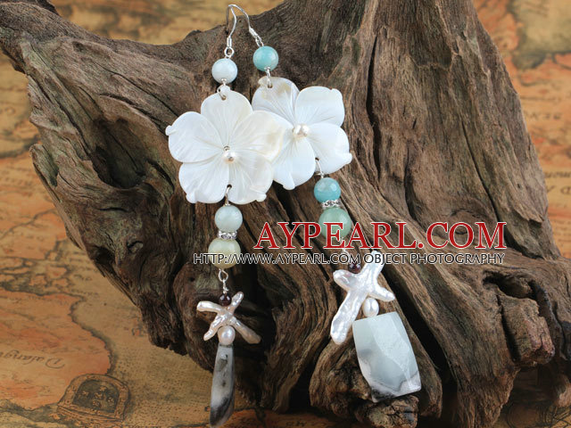 Classic White Freshwater Pearl Shell Flower And Multi Stone Dangle Earrings