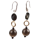 Simple Long Style Facete Smoky Quartz Black Lip Shell And Garnet Bead Dangle Earrings With Golden Loop