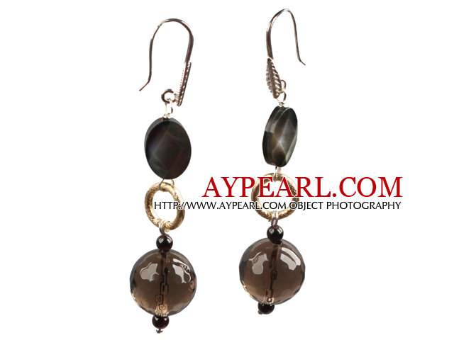 Simple Long Style Facete Smoky Quartz Black Lip Shell And Garnet Bead Dangle Earrings With Golden Loop