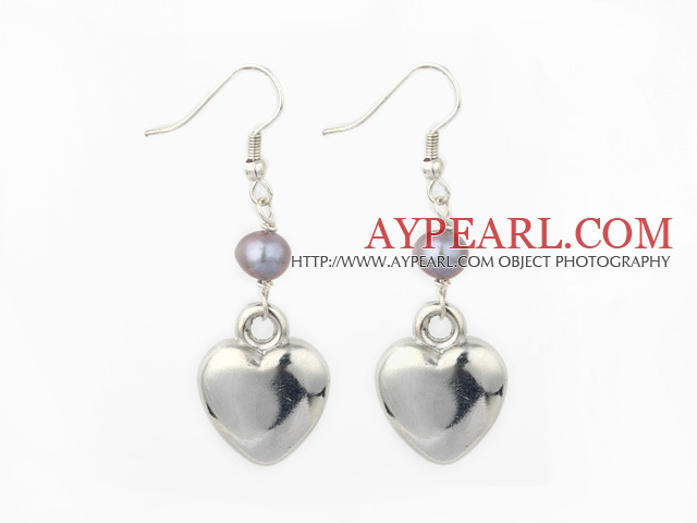 Beautiful Simple Style Gray Freshwater Pearl And Tibet Silver Heart Dangle Earrings