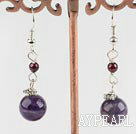 Nice Round Garnet And Amethyst Ball Dangle Earrings With Fish Hook