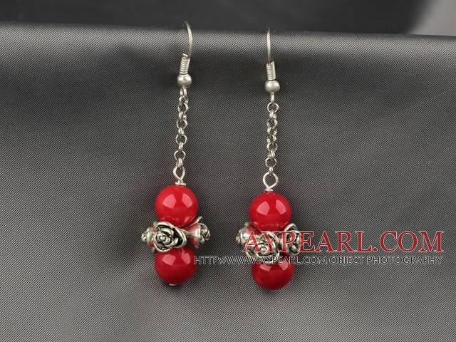 Dangle Style Red Coral Earrings with Metal Chain