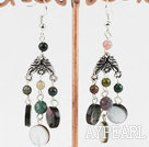 Wholesale Popular Indian Agate And Flat Round Black Lip Shell Loop Charm Dangle Earring