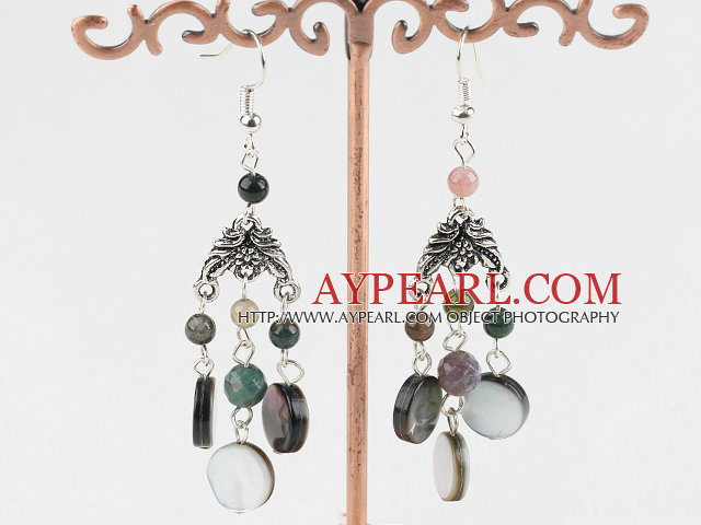 Popular Indian Agate And Flat Round Black Lip Shell Loop Charm Dangle Earring