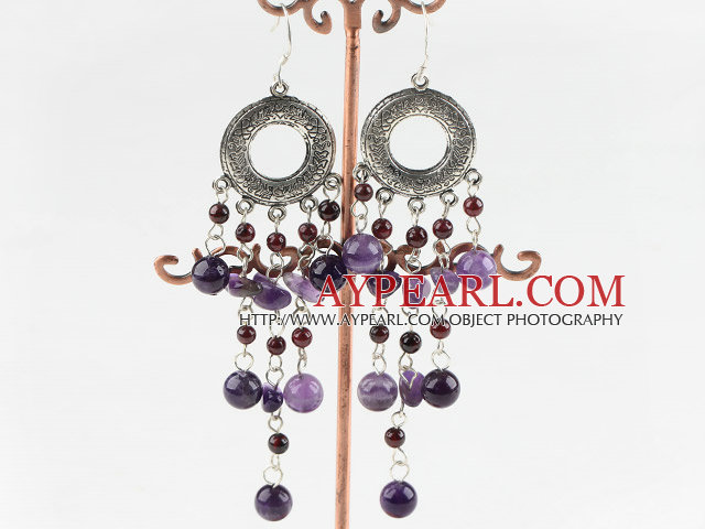 Vintage Loop Style Round Amethyst And Garnet Dangle Earring With Fish Hook