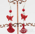 Lovely Red Butterfly Vase Cinnaba Bloodstone Dangle Earrings With Fish Hook