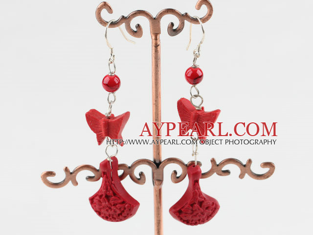 Lovely Red Butterfly Vase Cinnaba Bloodstone Dangle Earrings With Fish Hook