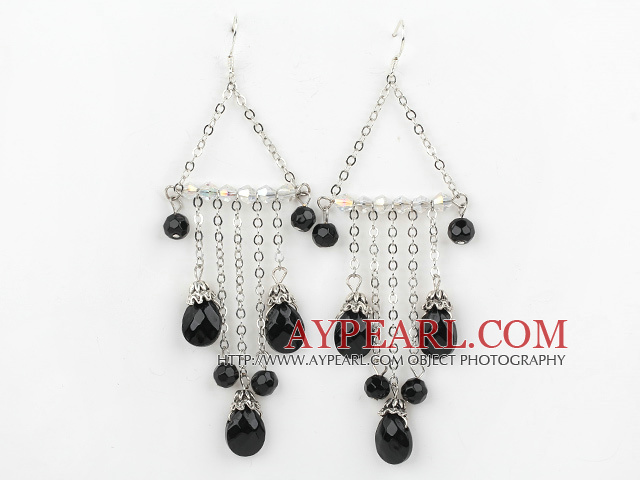 Fashion Chain Loop Style Round Teardrop Shape Black Crystal And White Crystal Chandelier Earrings