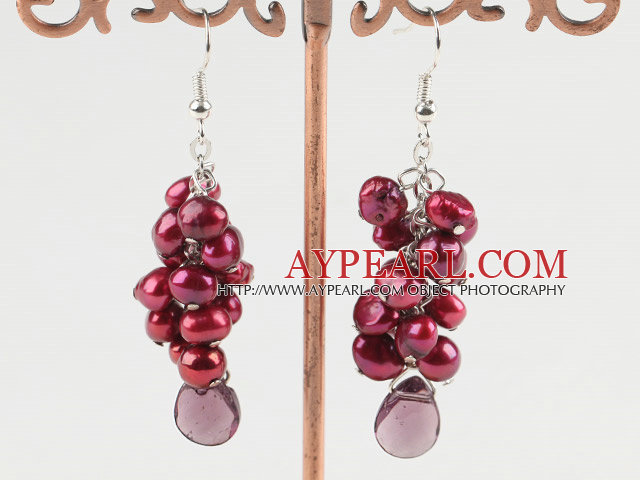 Popular Cluster Red Freshwater Pearl And Purple Teardrop Crystal Dangle Earrings
