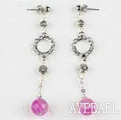 Pink agate drop earrings with rhinestone ring