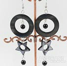 Lovely Long Style Black Series Round Agate And Donut Hollow Star Shape Shell Earrings