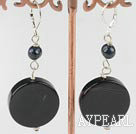 Beautiful Black Series Freshwater Pearl And Flat Round Agate Earrings With Lever Back Hook