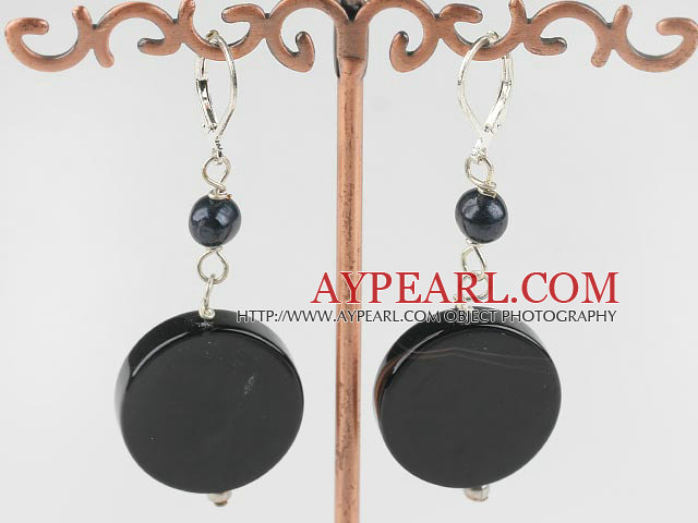 Beautiful Black Series Freshwater Pearl And Flat Round Agate Earrings With Lever Back Hook