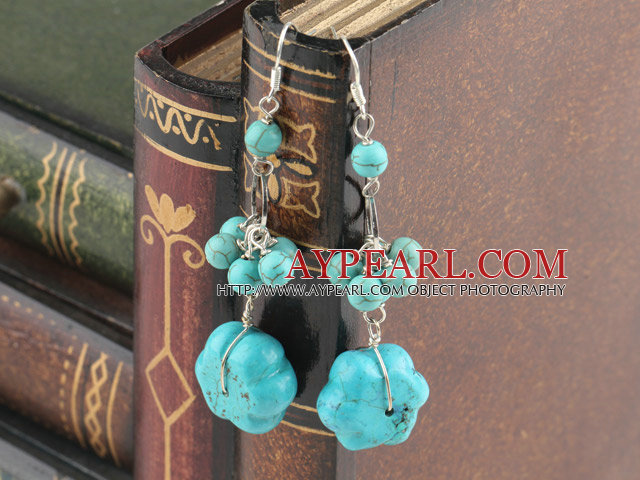 Fashion Long Style Round And Flower Blue Turquoise Dangle Earrings With Fish Hook