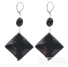 Lovely Oval And Rhombus Shape Black Agate Dangle Earrings With Lever Back Hook