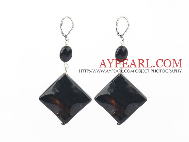 Lovely Oval And Rhombus Shape Black Agate Dangle Earrings With Lever Back Hook