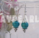 Lovely Short Style 10Mm Burst Pattern Blue Turquoise Metal Charm Dangle Earrings