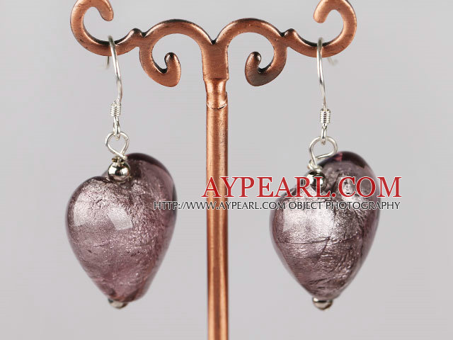 Nice Short Style Purple Heart Shape Colored Glaze Drop Earrings With Fish Hook