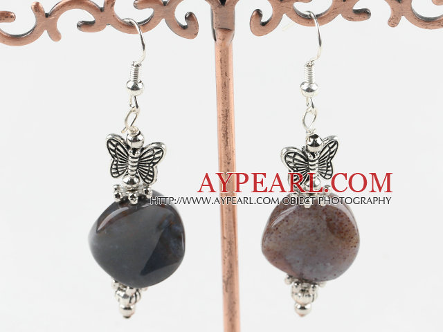 Nice Indian Agate And Butterfly Charms Dangle Earrings With Fish Hook