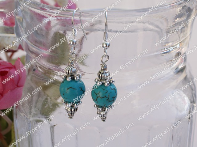 Lovely Short Style 10Mm Burst Pattern Blue Turquoise Metal Charm Dangle Earrings