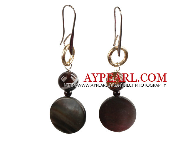 Style de Simple Long Banded Agate perles oblats noir Lip Shell Pendants d'oreilles avec Golden boucle