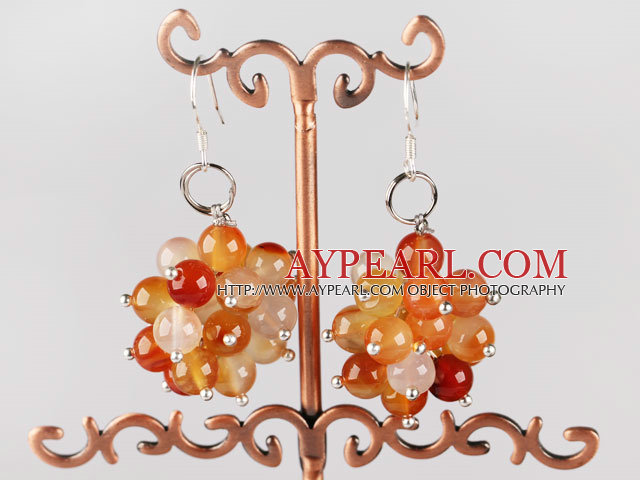 Nice Cluster Style 6Mm Round Red Agate Ball Dangle Earrings With Fish Hook