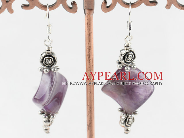 Lovely Rhombus Shape Amethyst And Flower Charm Dangle Earrings With Fish Hook