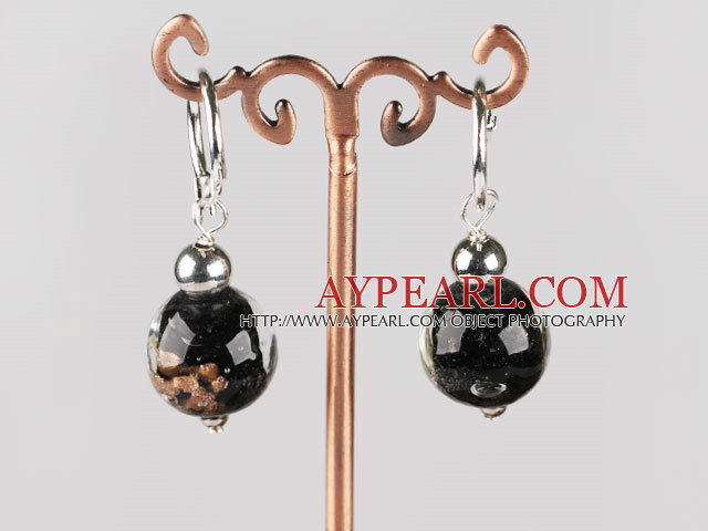 Fashion 12 Mm Black Colored Glaze Ball Dangle Earrings With Ear Hoops 