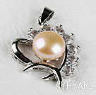 beautiful pink fresh water pearl heart pendant with rhinestone( no chains)