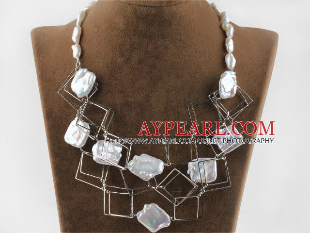 fashion costume jewelry white irregular pearl and square metal loop necklace