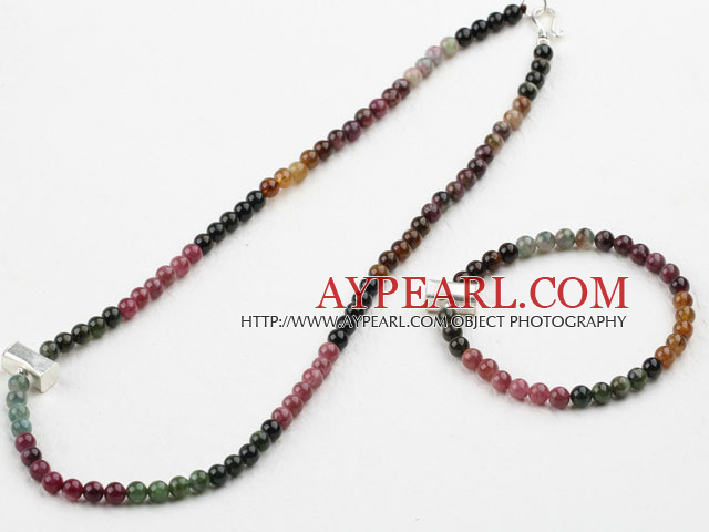 Naturlig Tourmaline Beaded Sett med 925 Sterling Silver Tilbehør (kjede og matchet armbånd)