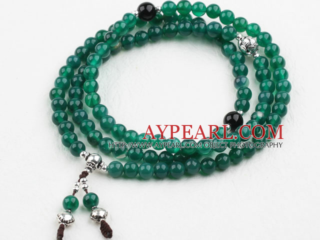 Grüne Achat Gebet Armband mit schwarzem Achat und 925 Sterling Silber Zubehör (Gesamt 108 Perlen, kann auch sein, Halskette)