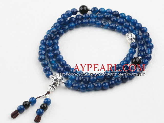 Faceted Blue Akaatti Prayer Rannekoru 925 Sterling Hopea Tarvikkeet (Yhteensä 108 Beads, voi myös olla kaulakoru)