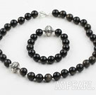 12mm Round Natural Obsidian Set with Sterling Silver Accessory( Necklace and Matched Bracelet )