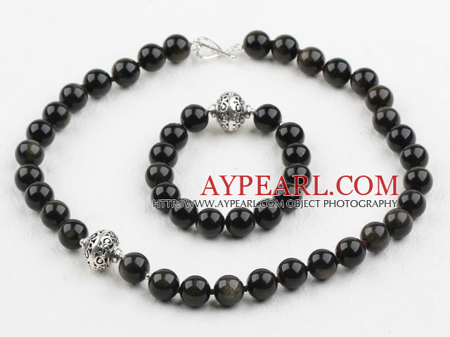 12mm Round Natural Obsidian Set with Sterling Silver Accessory( Necklace and Matched Bracelet )