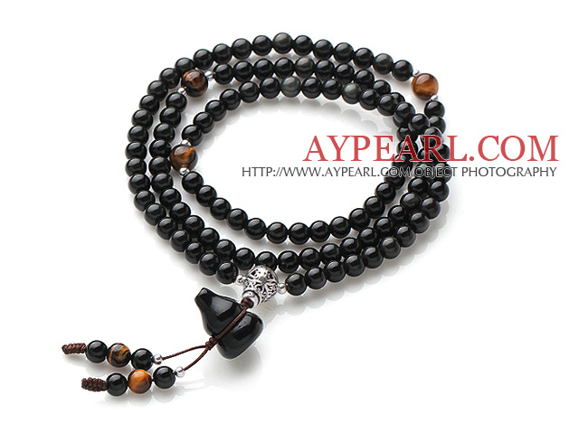Obsidian Paryer Bracelet with Tiger Eye and 925 Sterling Silver Accessory ( can also be necklace)