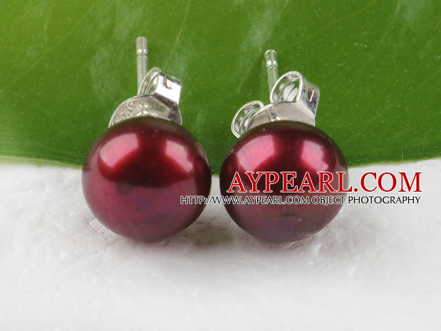 Fashion 7-8Mm Round Purplish Red Freshwater Pearl Studs