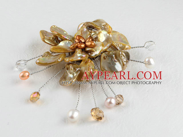 wonderful brown pearl and shell flower brooch