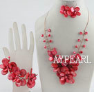 Brautschmuck rote Perle und Muschel Halskette Armband und Ohrringe Set