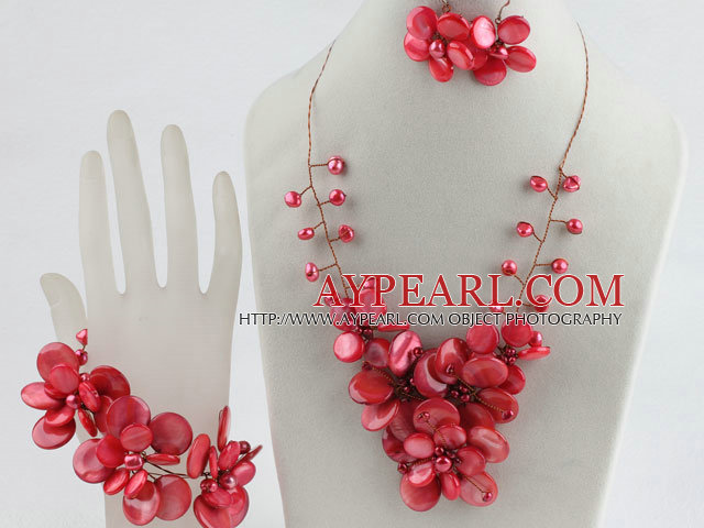 bridal jewelry red pearl and shell necklace bracelet and earrings set