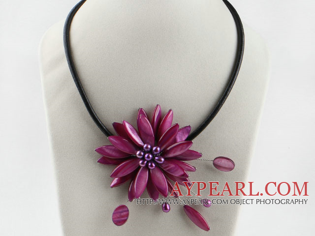 17.7 inches purple red shell flower pearl necklace with magnetic clasp